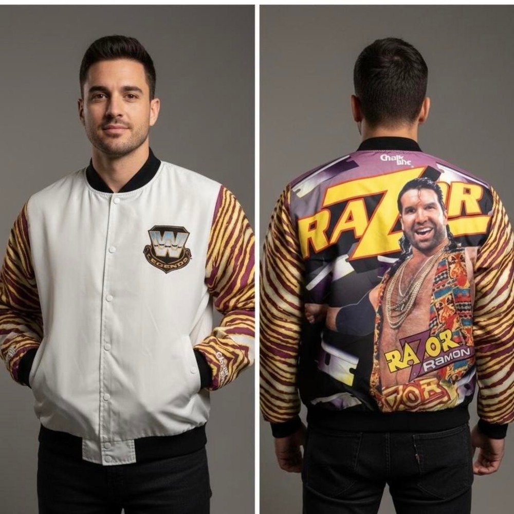 WWE Legends Razor Ramon Chalk Line Satin Bomber Jacket White Purple XL